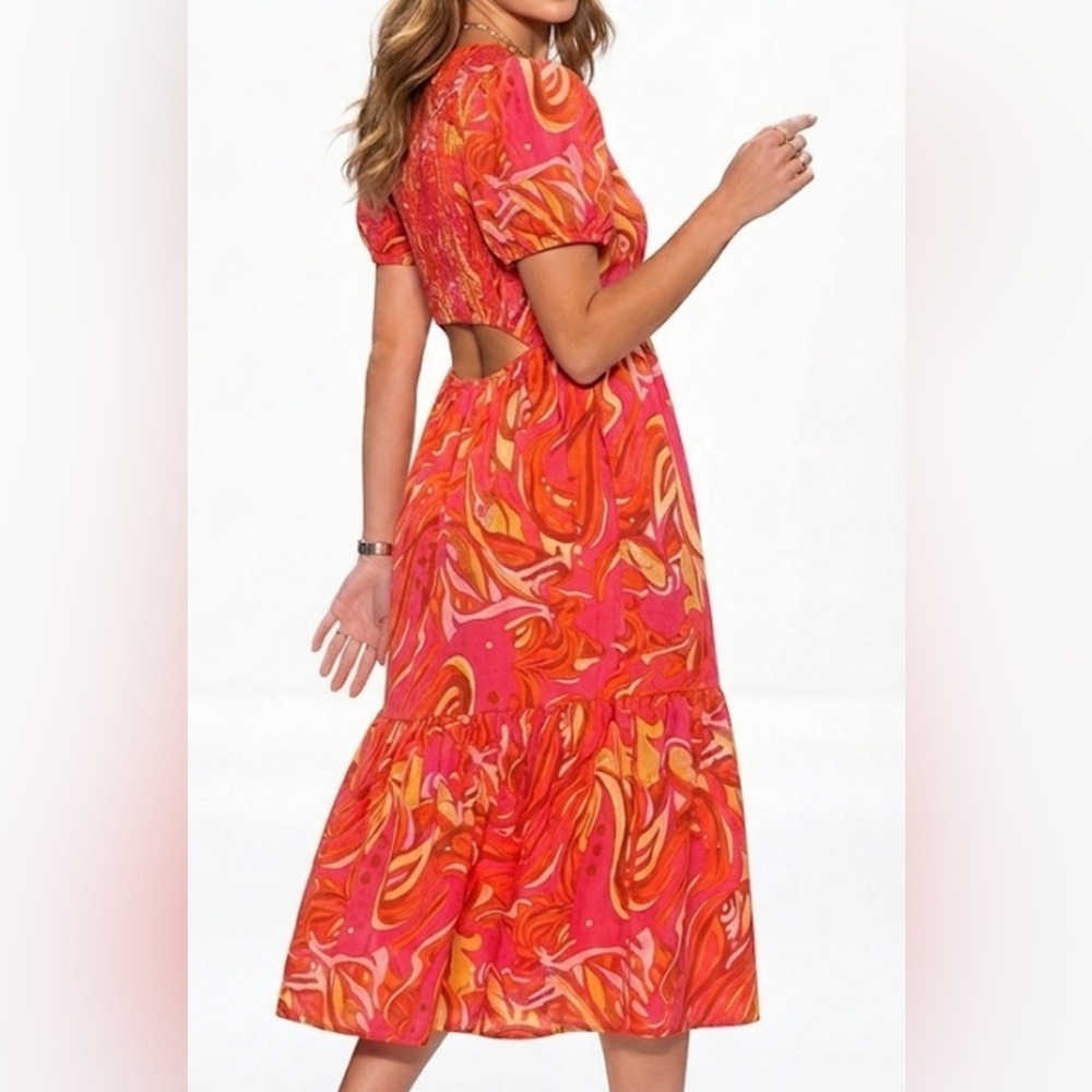 1.STATE Pink Orange Psychedelic Swirl Cotton Midi Dress Puff Sleeve Cutout L